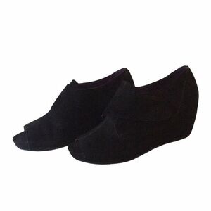 Mob wife Wedge Open Toe VanEli Black Suede Wedge Peek a Boo